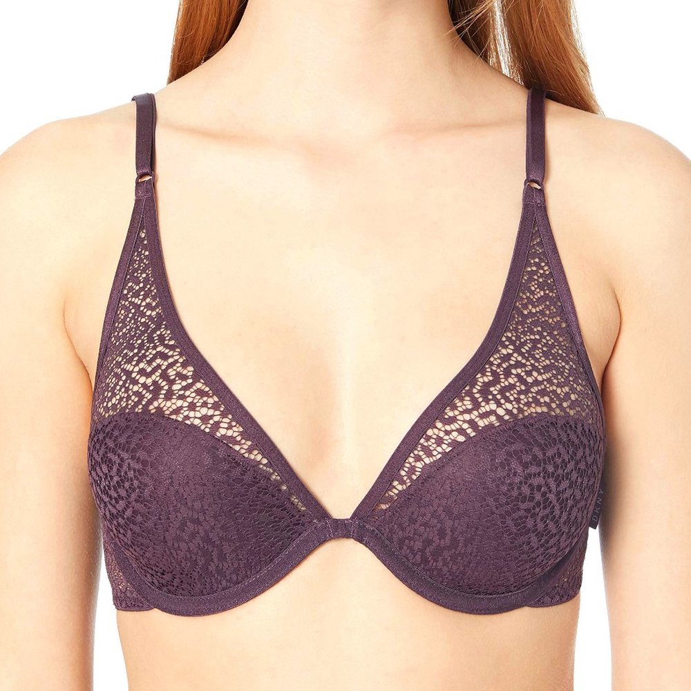 DKNY Lace Plunge Bra 34D Lined Aubergine Purple